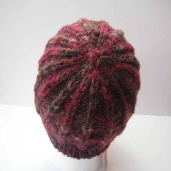 Hand Knitted Hat Toque Adult Size - M-(L) Acrylic Burgundy Unisex Color Blue-019 - Picture 3 of 10